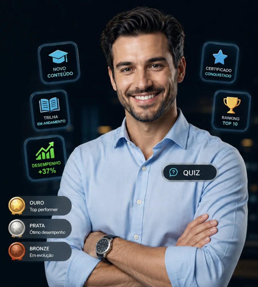 OQ Treinar: corretor com trilhas, certificados, ranking e quiz da plataforma de treinamento