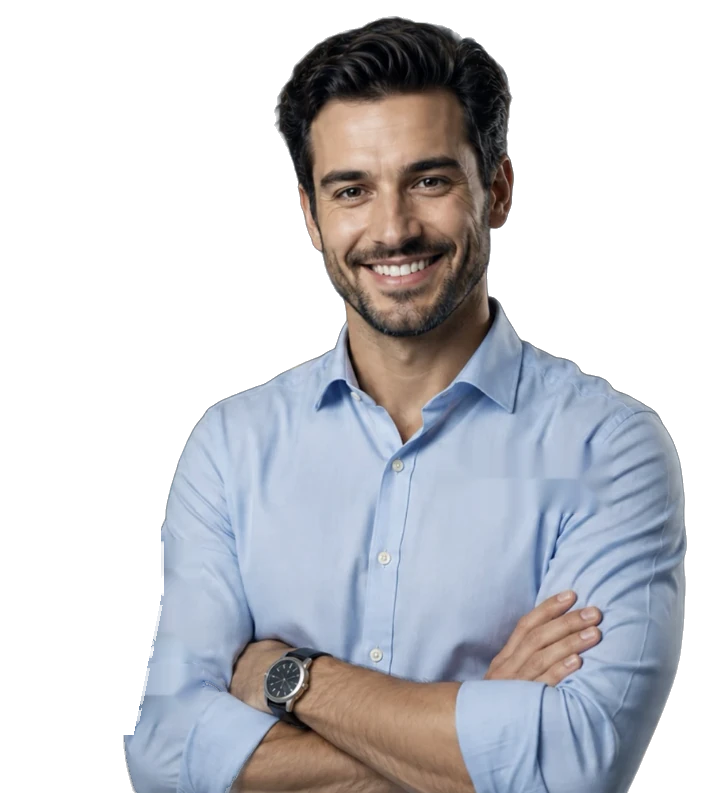 Corretor sorrindo de braços cruzados