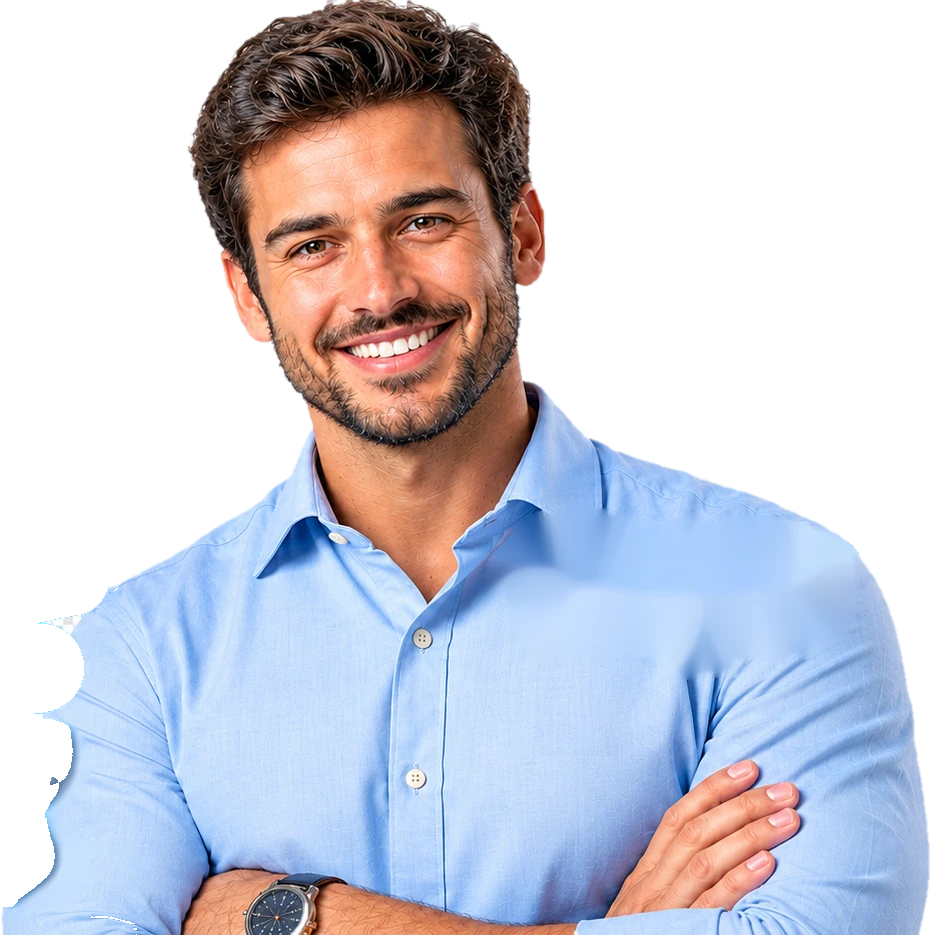 Corretor sorrindo de braços cruzados